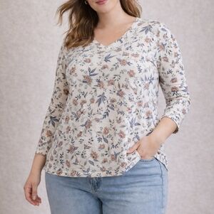 Pure Jill Botanical Floral Top | Soft Girl Casual | Cotton Tencel | L Petite